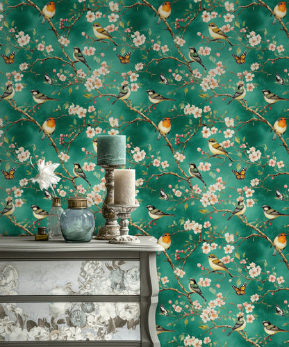 Emerald Green Cherry Blossom and Bird Wallpaper