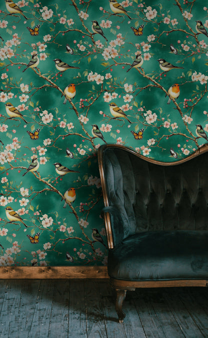 Emerald Green Cherry Blossom and Bird Wallpaper
