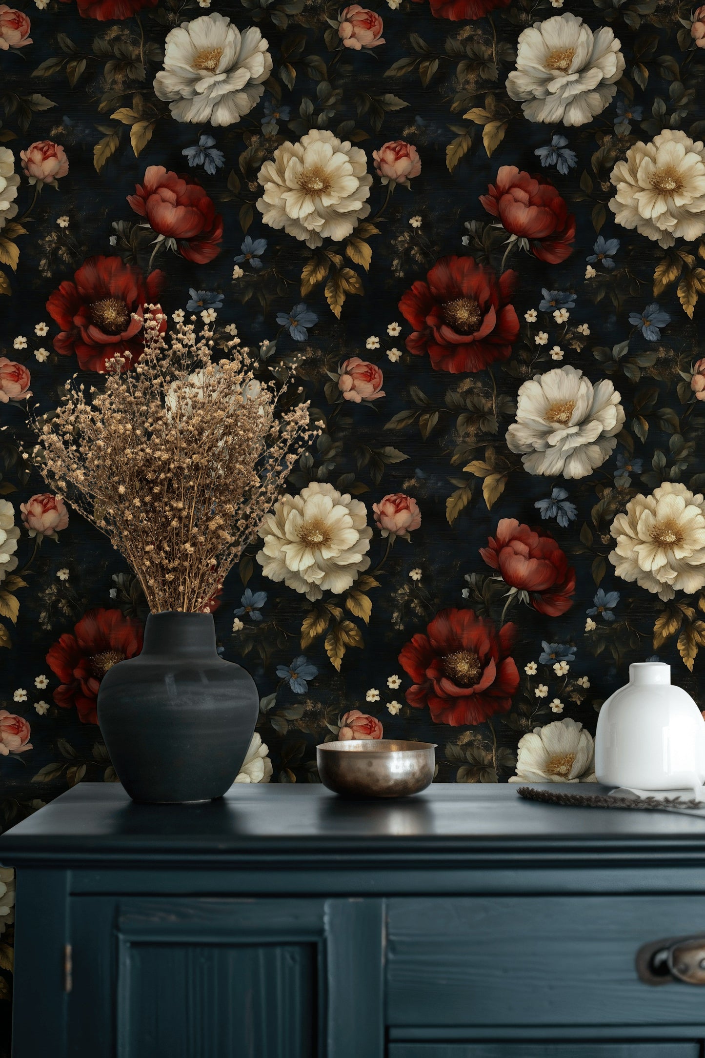 Dutch Floral Wallpaper Navy Blue Moody Wall Mural