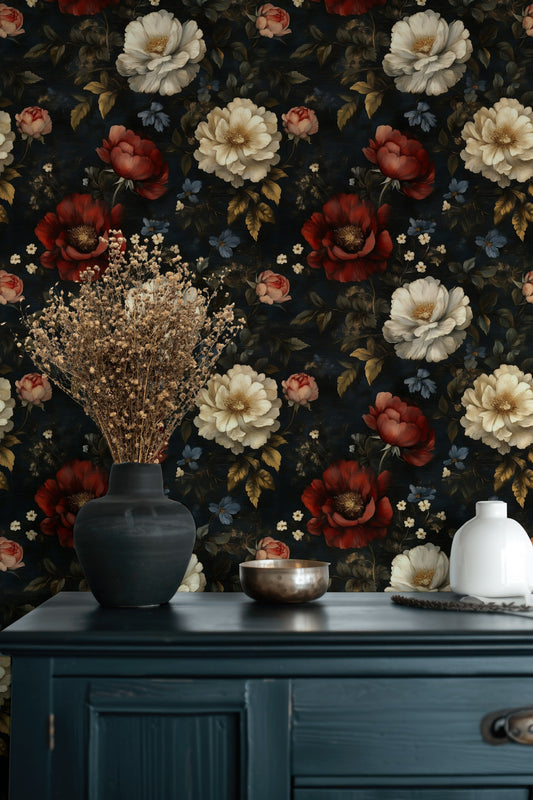 Dutch Floral Wallpaper Navy Blue Moody Wall Mural