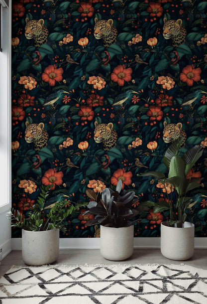 Dark Jungle Leopard and Tropical Floral Wallpaper