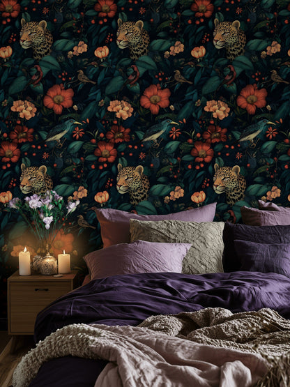 Dark Jungle Leopard and Tropical Floral Wallpaper