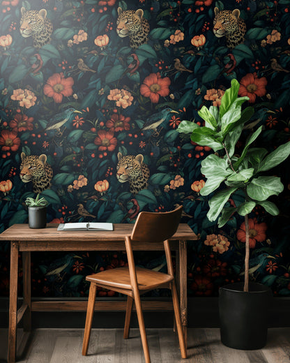 Dark Jungle Leopard and Tropical Floral Wallpaper