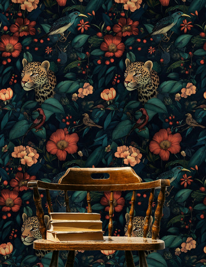 Dark Jungle Leopard and Tropical Floral Wallpaper