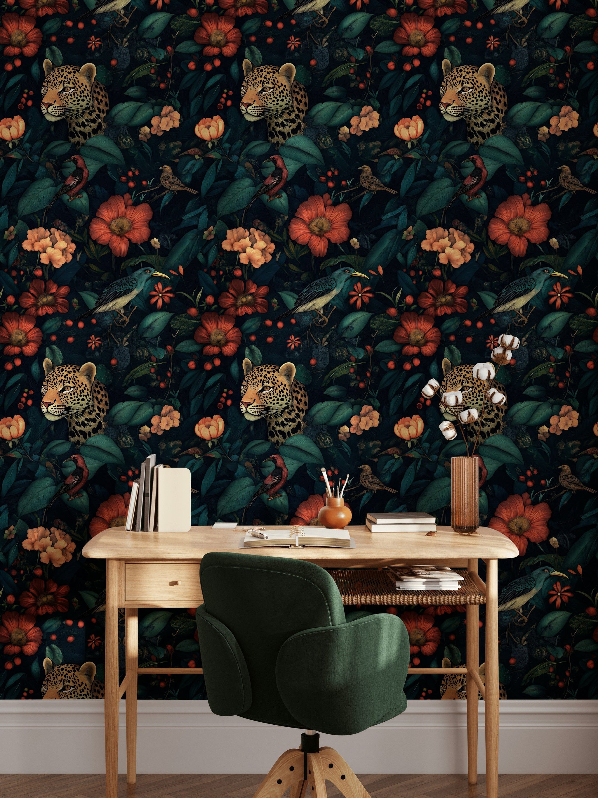 Dark Jungle Leopard and Tropical Floral Wallpaper