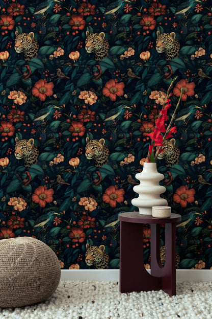 Dark Jungle Leopard and Tropical Floral Wallpaper
