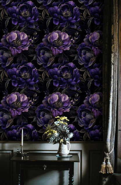 Dark Regal Purple Peony Floral Wallpaper
