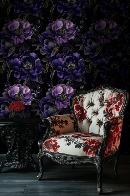 Dark Regal Purple Peony Floral Wallpaper
