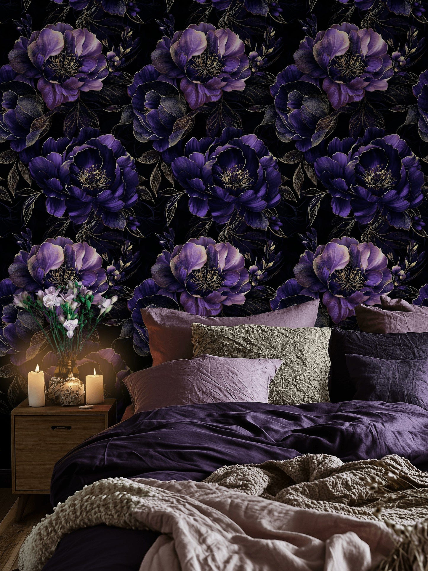 Luxurious Purple Peony Wallpaper Gold Accented Wall Mural