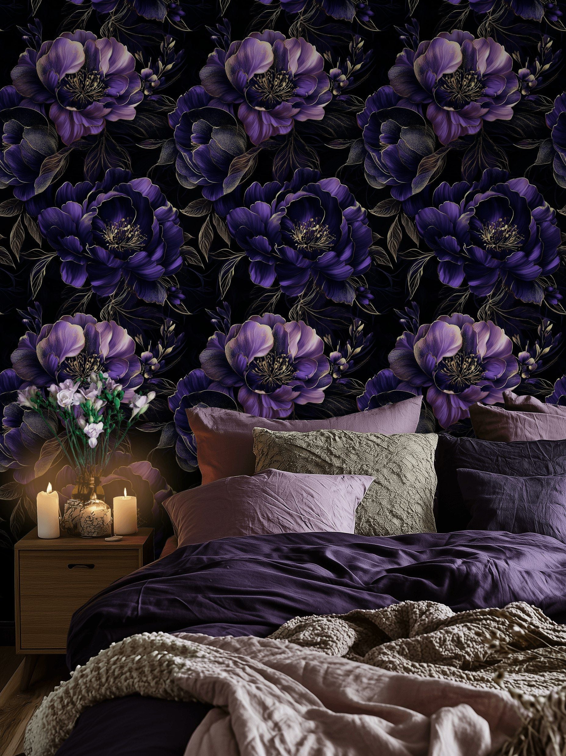 Dark Regal Purple Peony Floral Wallpaper