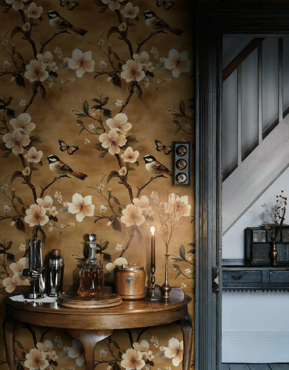 Warm Brown Cherry Blossom and Bird Wallpaper