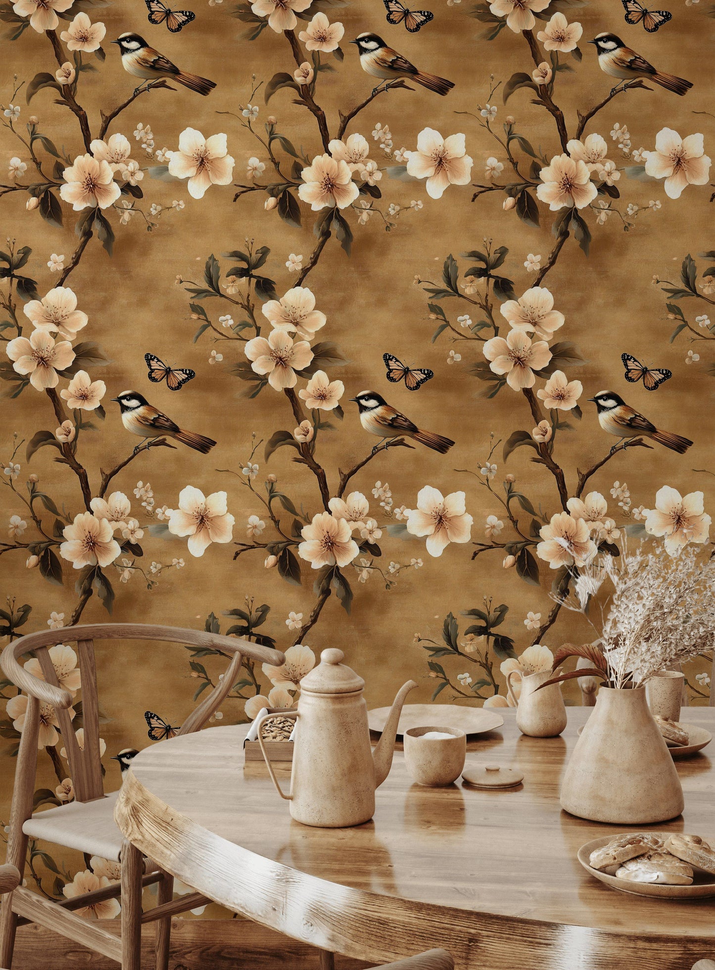 Warm Beige Blossom Wallpaper Bird & Butterfly Wall Mural