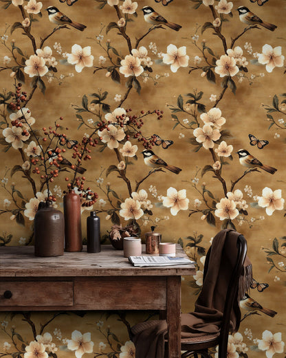 Warm Brown Cherry Blossom and Bird Wallpaper