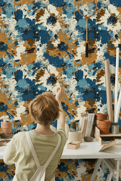 Cream and Blue Abstract Floral Splash Wallpaper