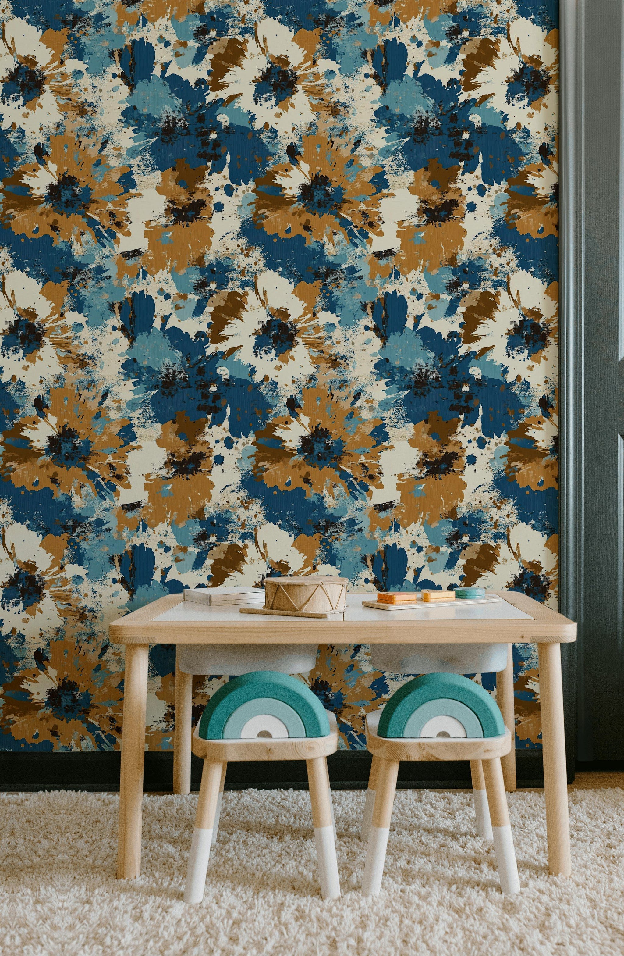 Cream and Blue Abstract Floral Splash Wallpaper