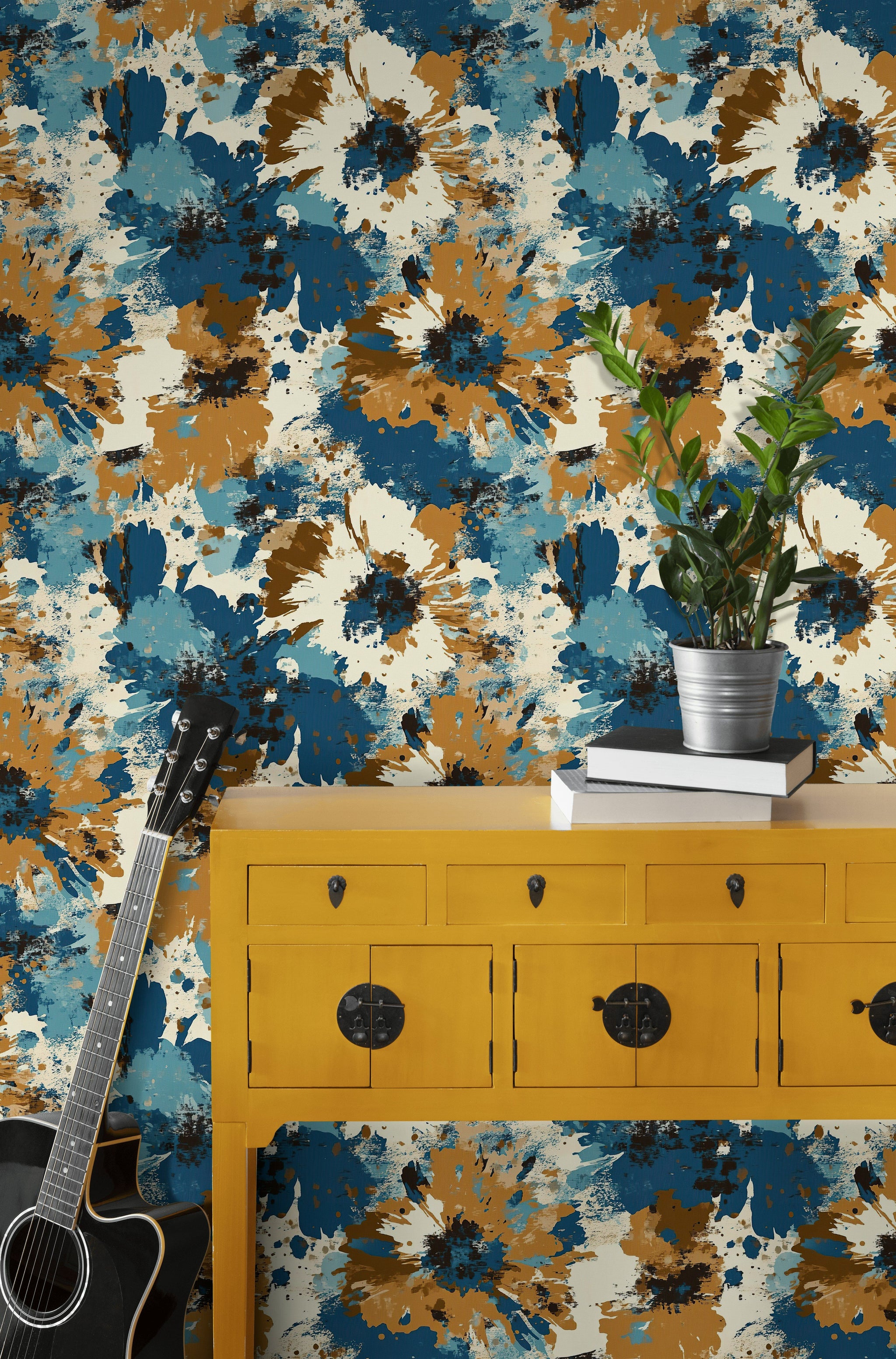 Cream and Blue Abstract Floral Splash Wallpaper