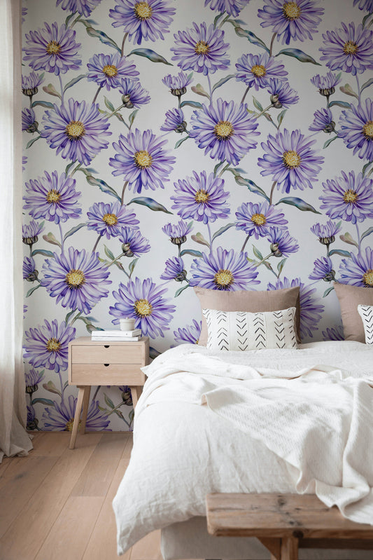 Watercolor Purple Aster Floral Wallpaper Wildflower Wall Mural