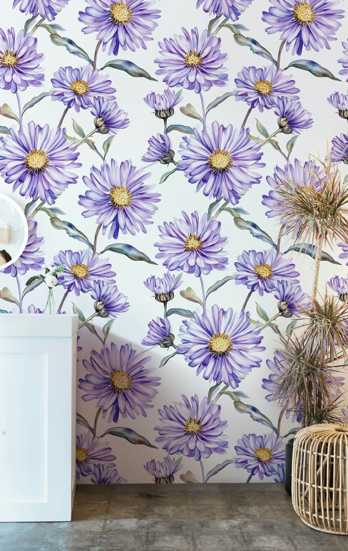 Watercolor Purple Aster Floral Wallpaper Wildflower Wall Mural