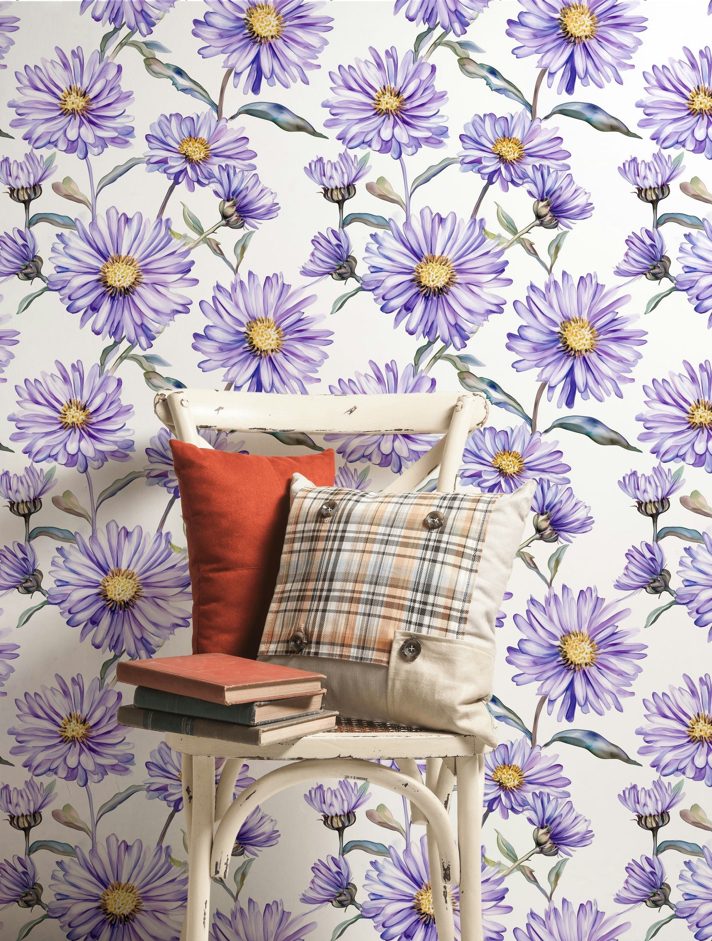 Watercolor Purple Aster Floral Wallpaper Wildflower Wall Mural