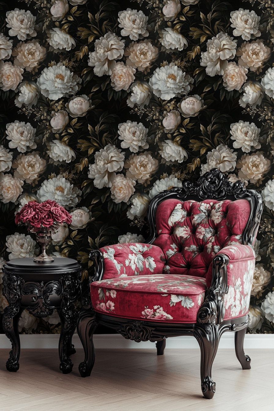 Dark Black Background Cream Peony Floral Wallpaper