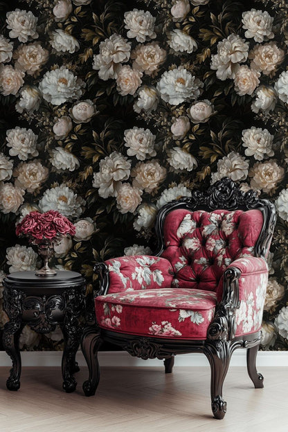 Dark Black Background Cream Peony Floral Wallpaper