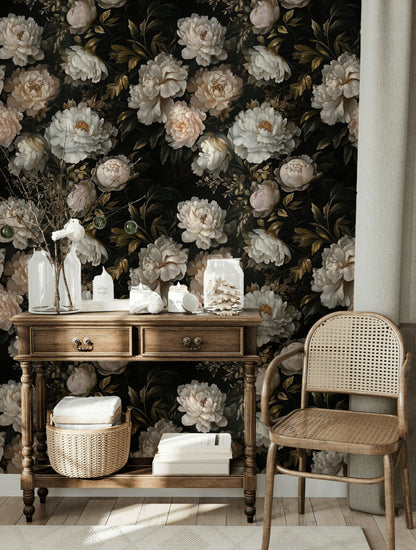 Dark Black Background Cream Peony Floral Wallpaper