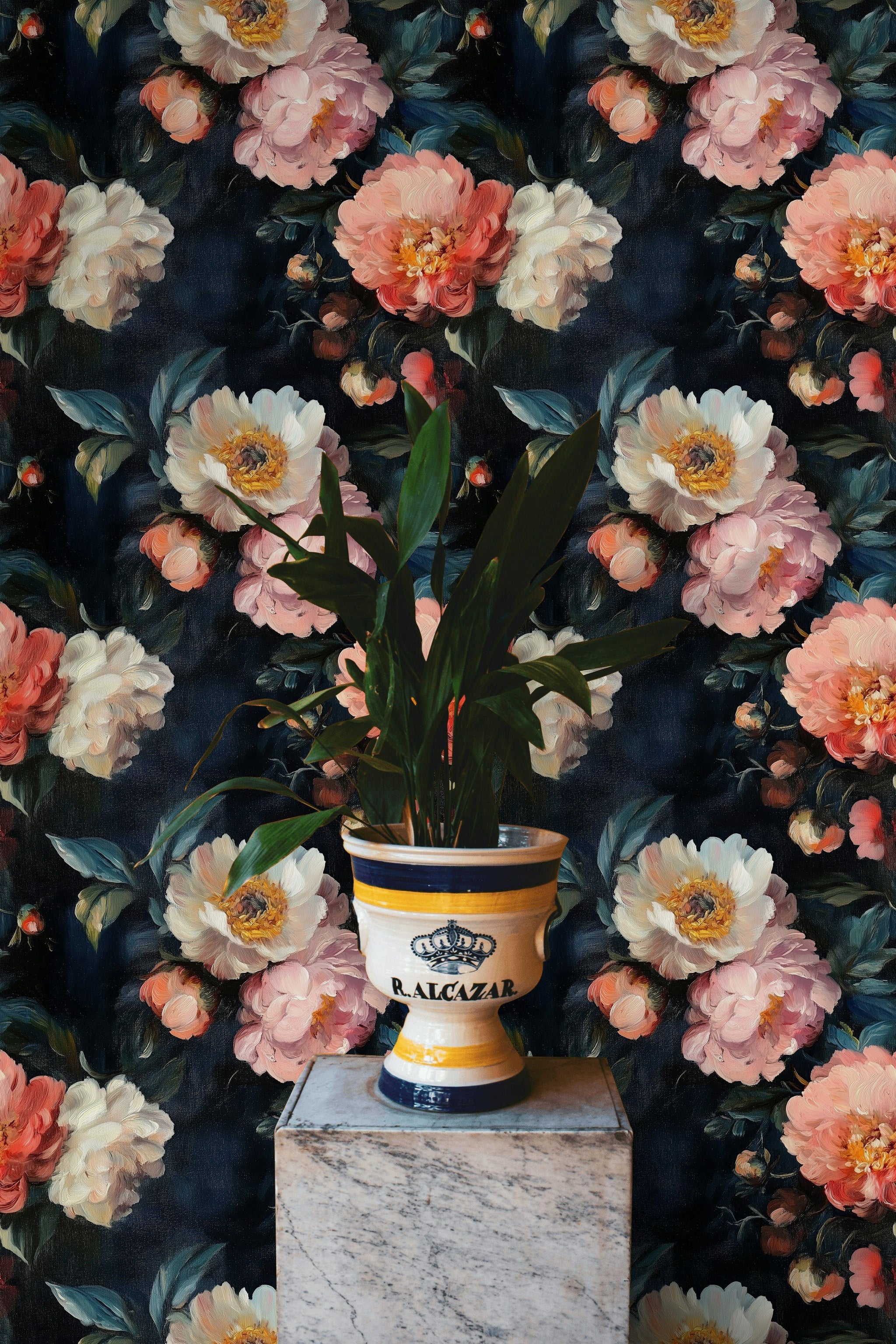Dark Navy Peony Blossom Floral Wallpaper