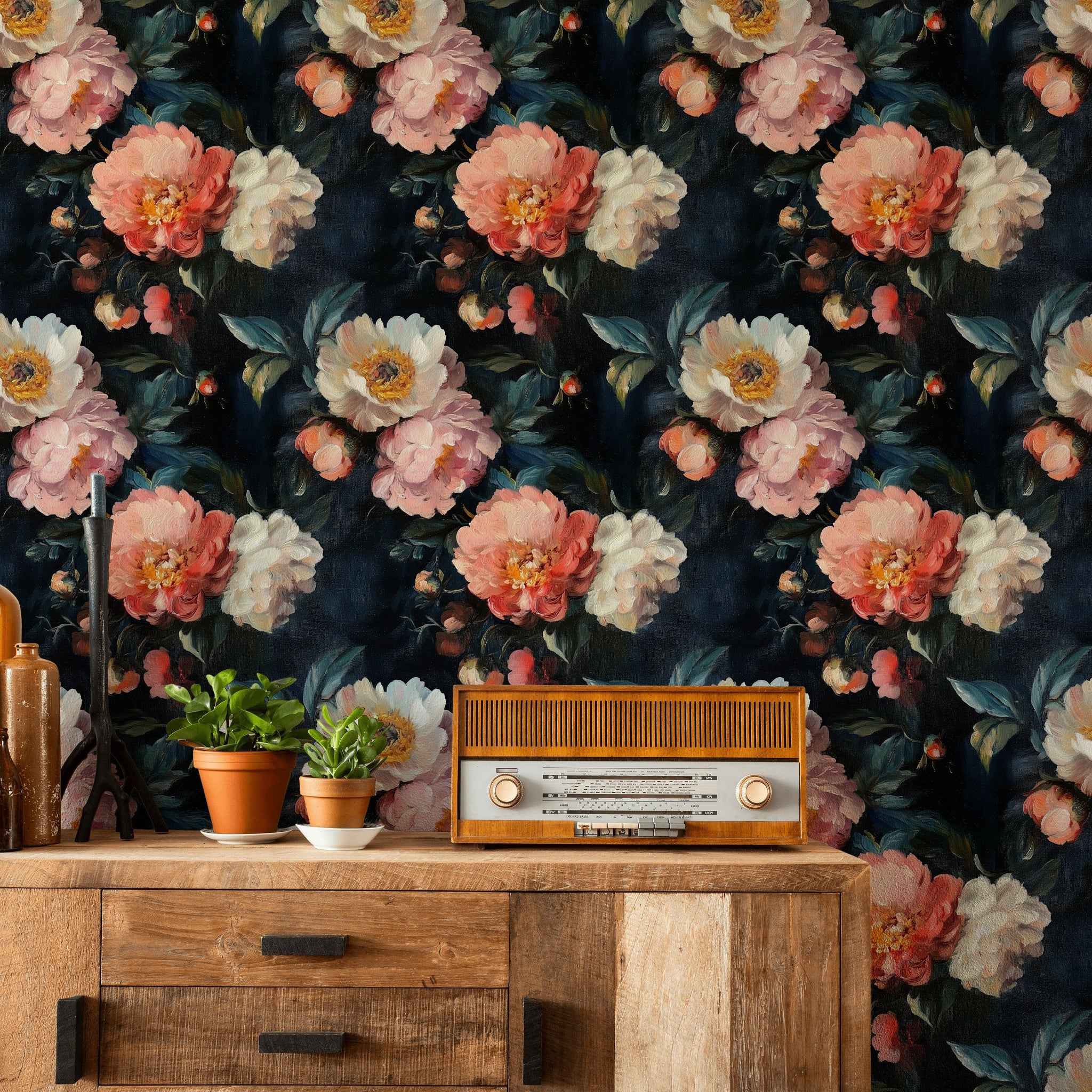 Dark Navy Peony Blossom Floral Wallpaper