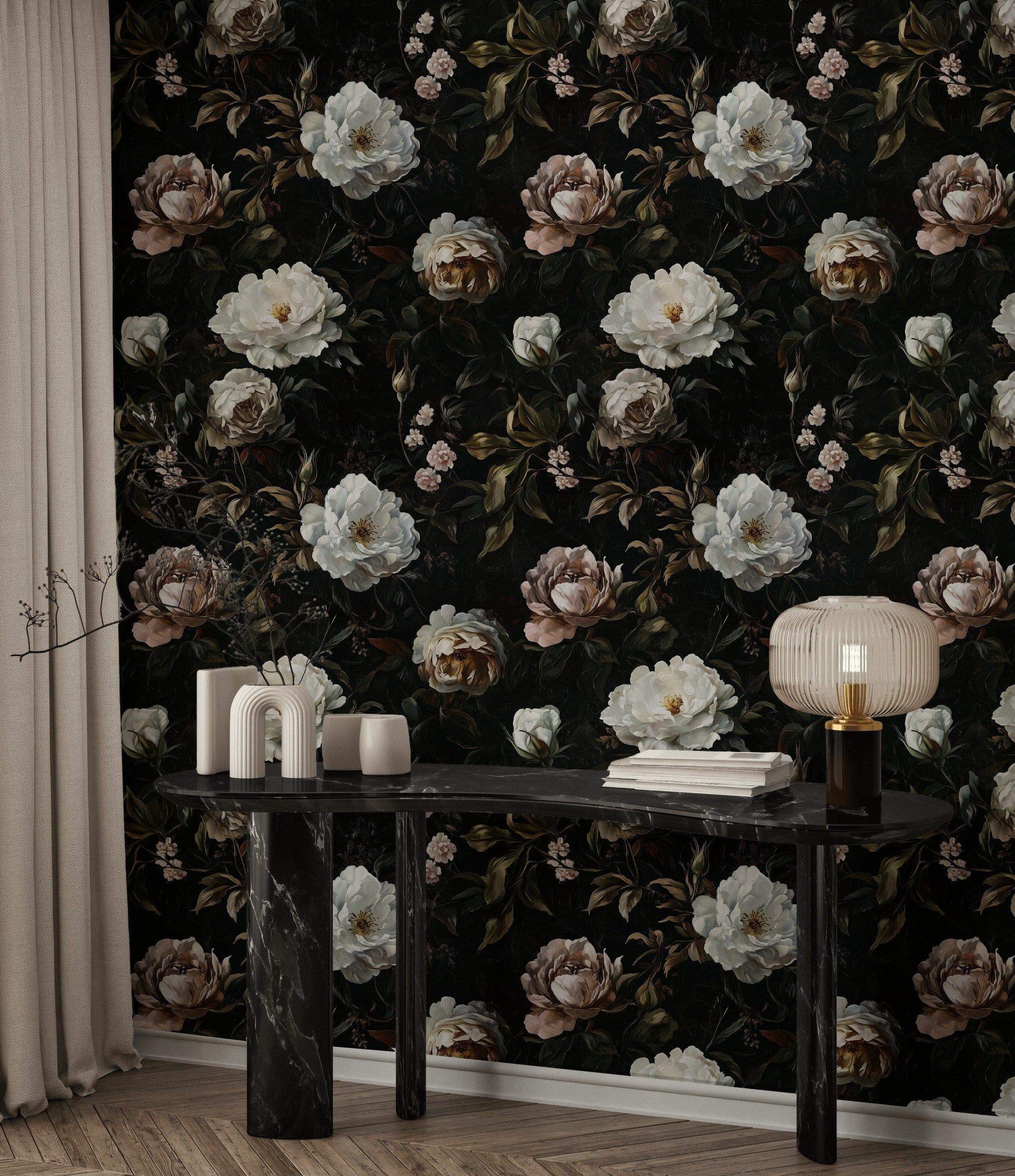 Dark Elegant Peony Floral Wallpaper