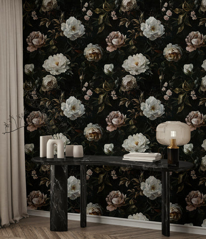 Dark Elegant Peony Floral Wallpaper