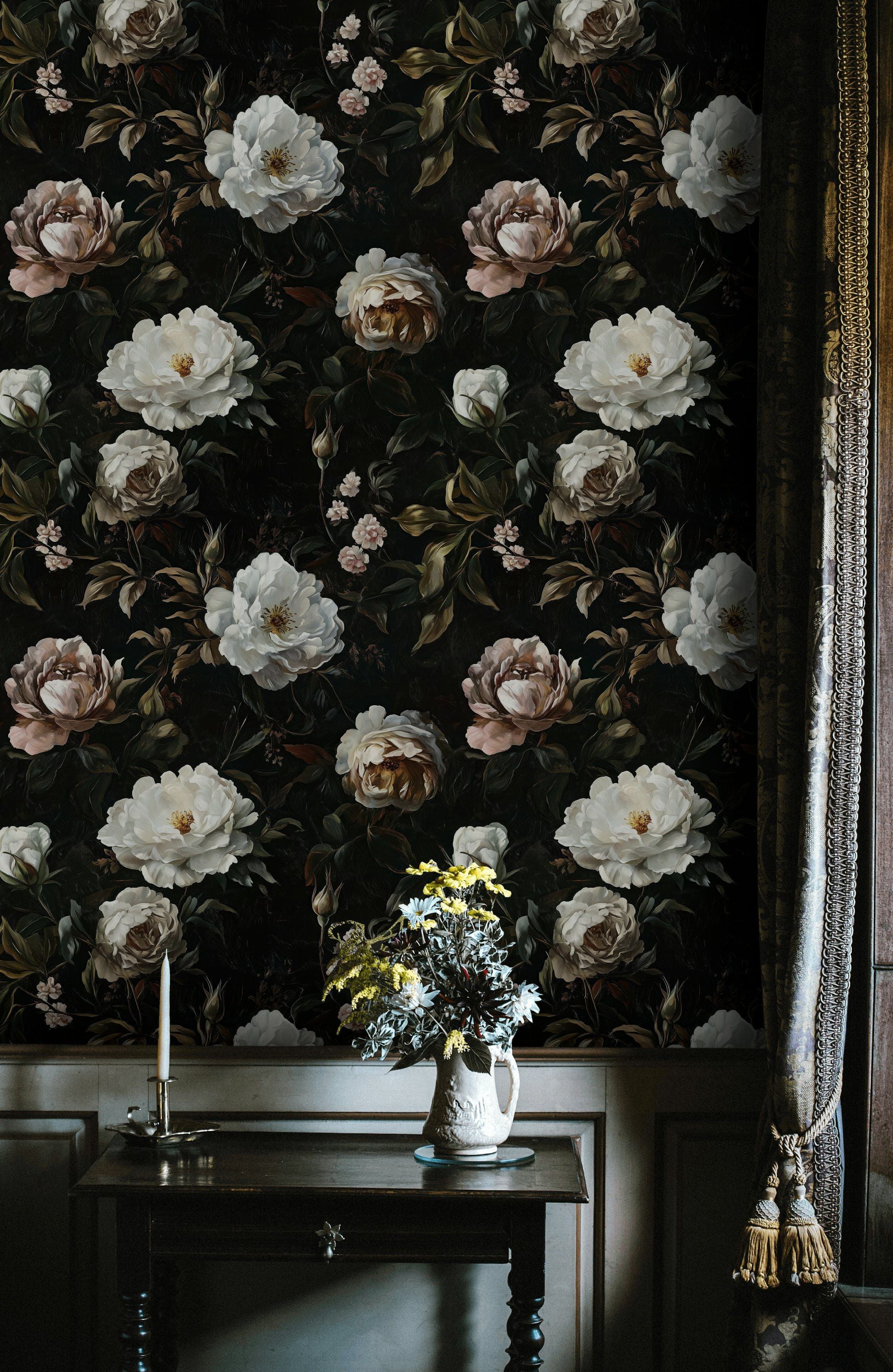 Dark Elegant Peony Floral Wallpaper