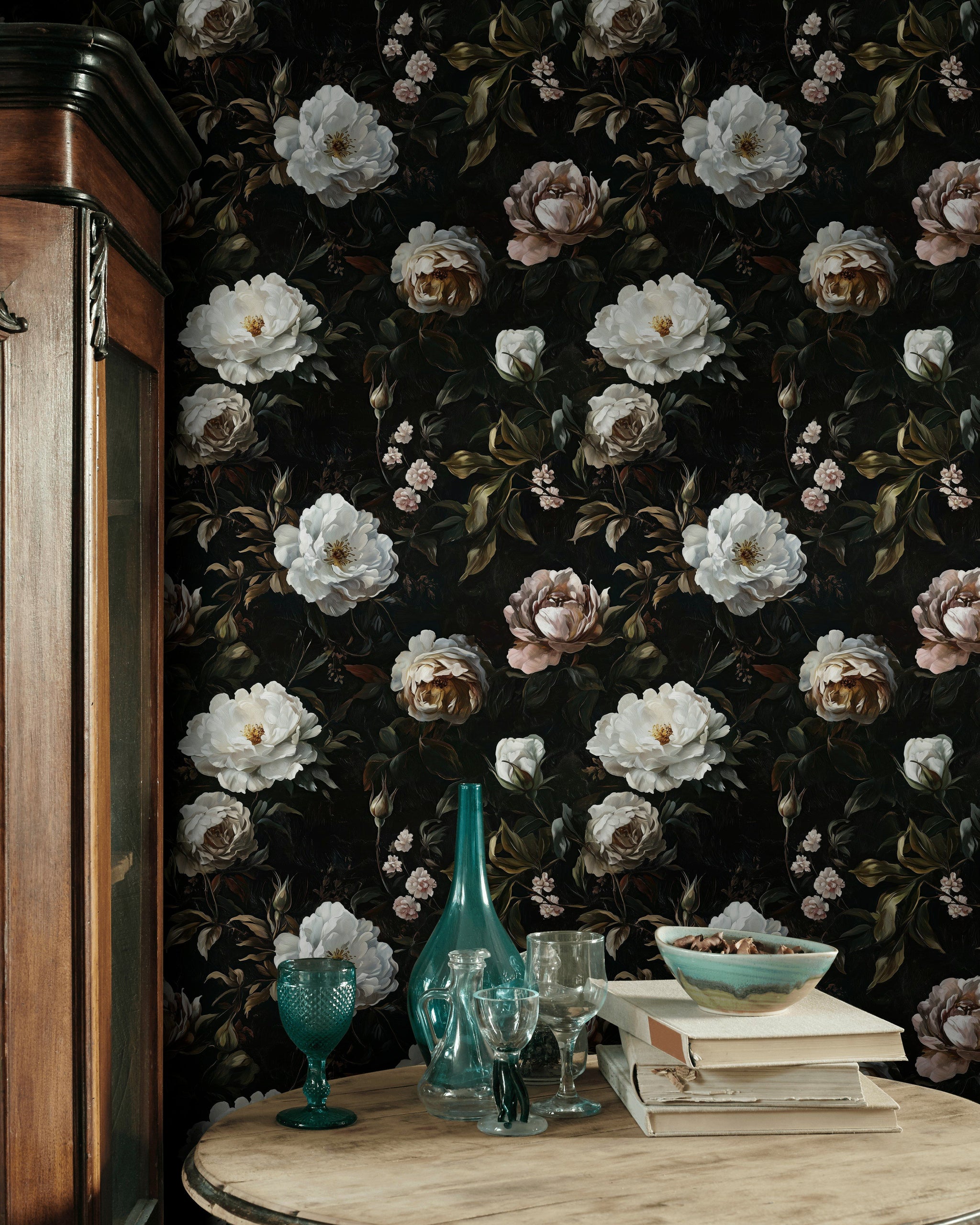 Dark Elegant Peony Floral Wallpaper