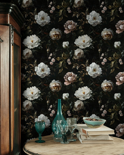 Dark Elegant Peony Floral Wallpaper