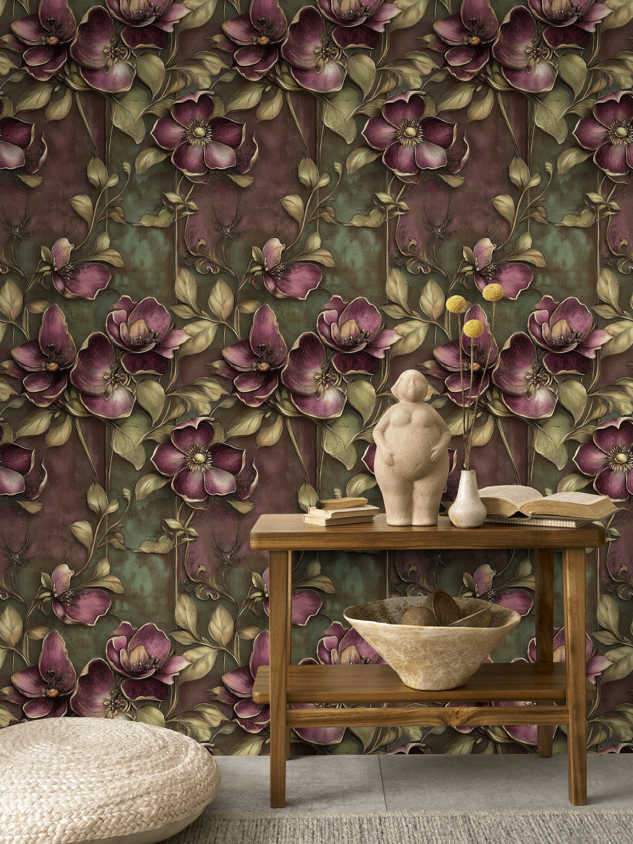 Deep Burgundy and Olive Large Floral Wallpaper