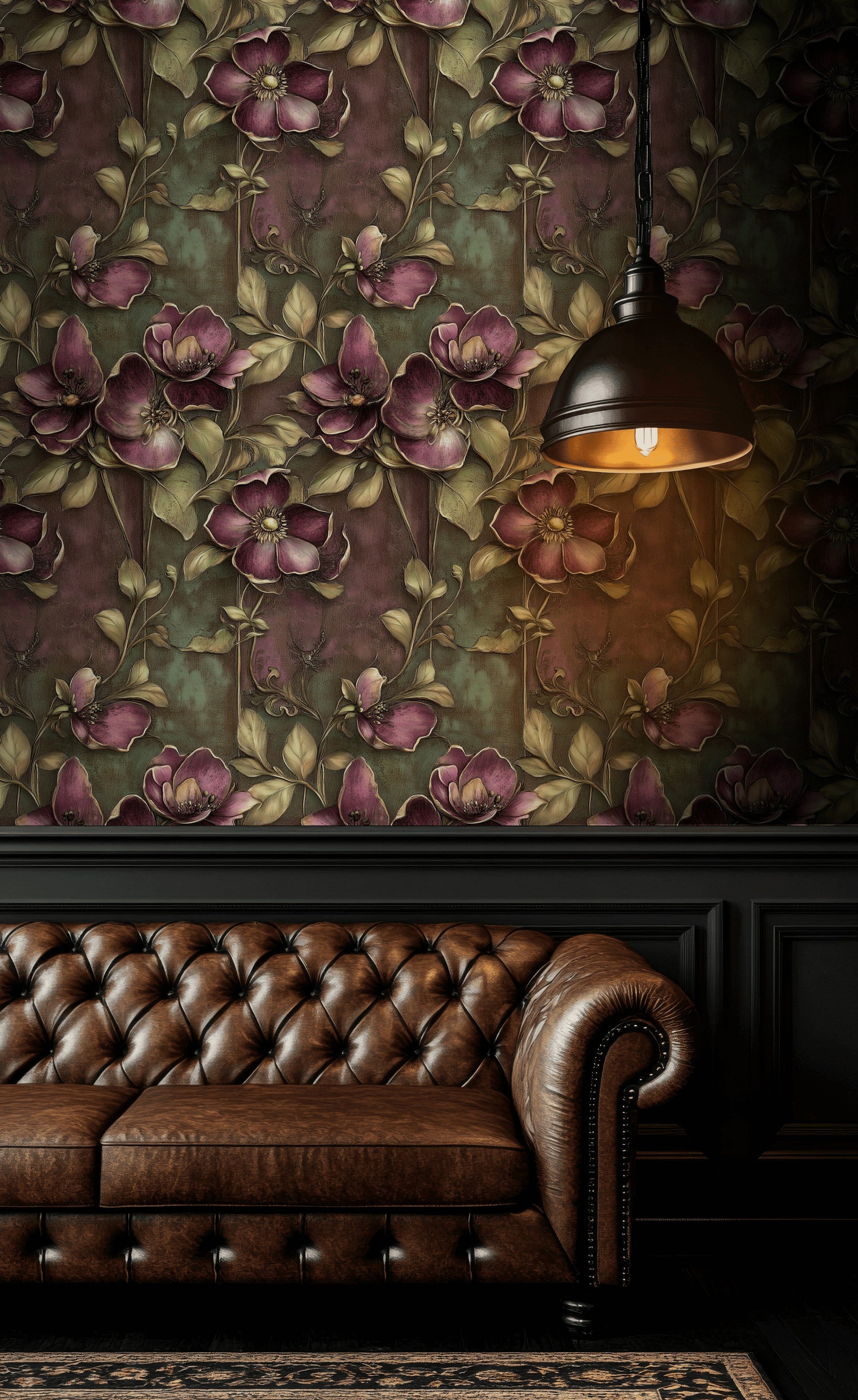 Deep Burgundy and Olive Large Floral Wallpaper