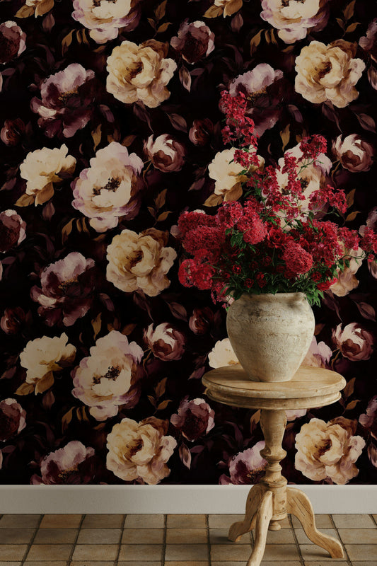 Moody Floral Wallpaper Burgundy Rose Mural Vintage Wall Decor