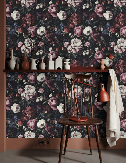 Burgundy Peonies on Deep Black Floral Wallpaper