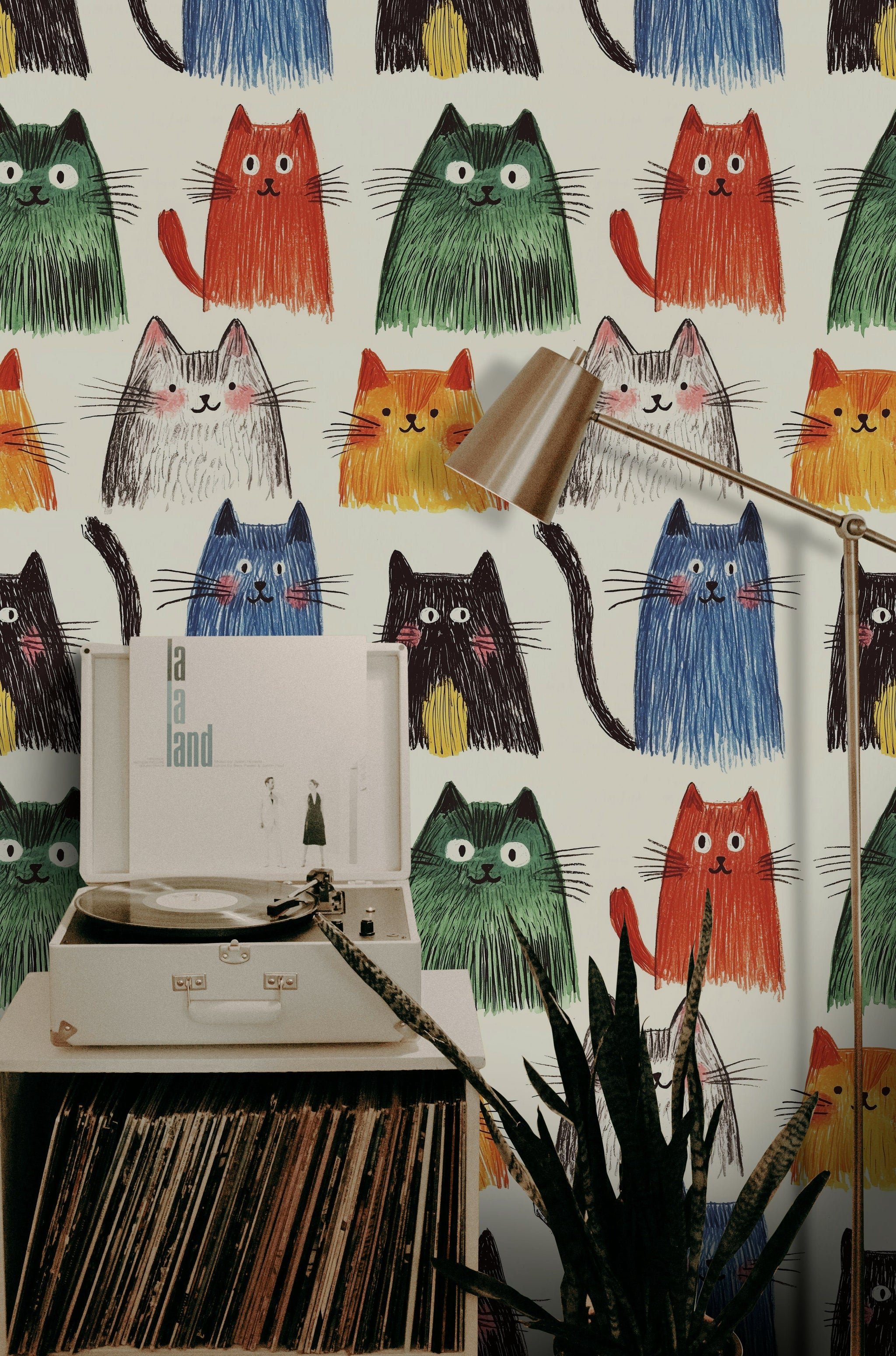 Cream Multicolor Playful Cat Pattern Wallpaper