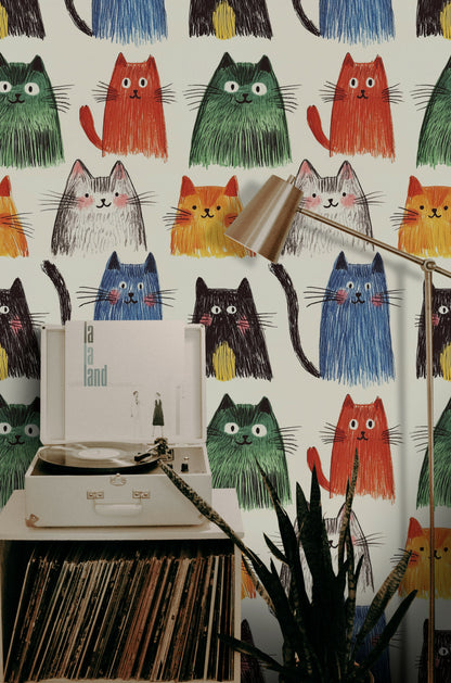 Cream Multicolor Playful Cat Pattern Wallpaper