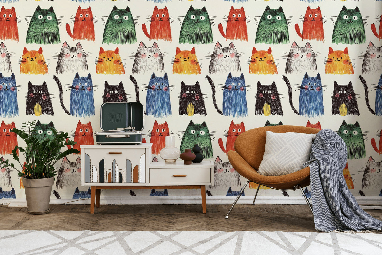 Whimsical Cat Wallpaper Maud Lewis Folk Art Style