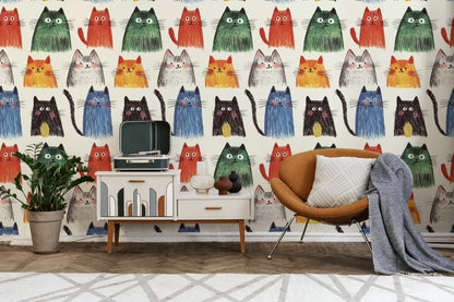 Cream Multicolor Playful Cat Pattern Wallpaper