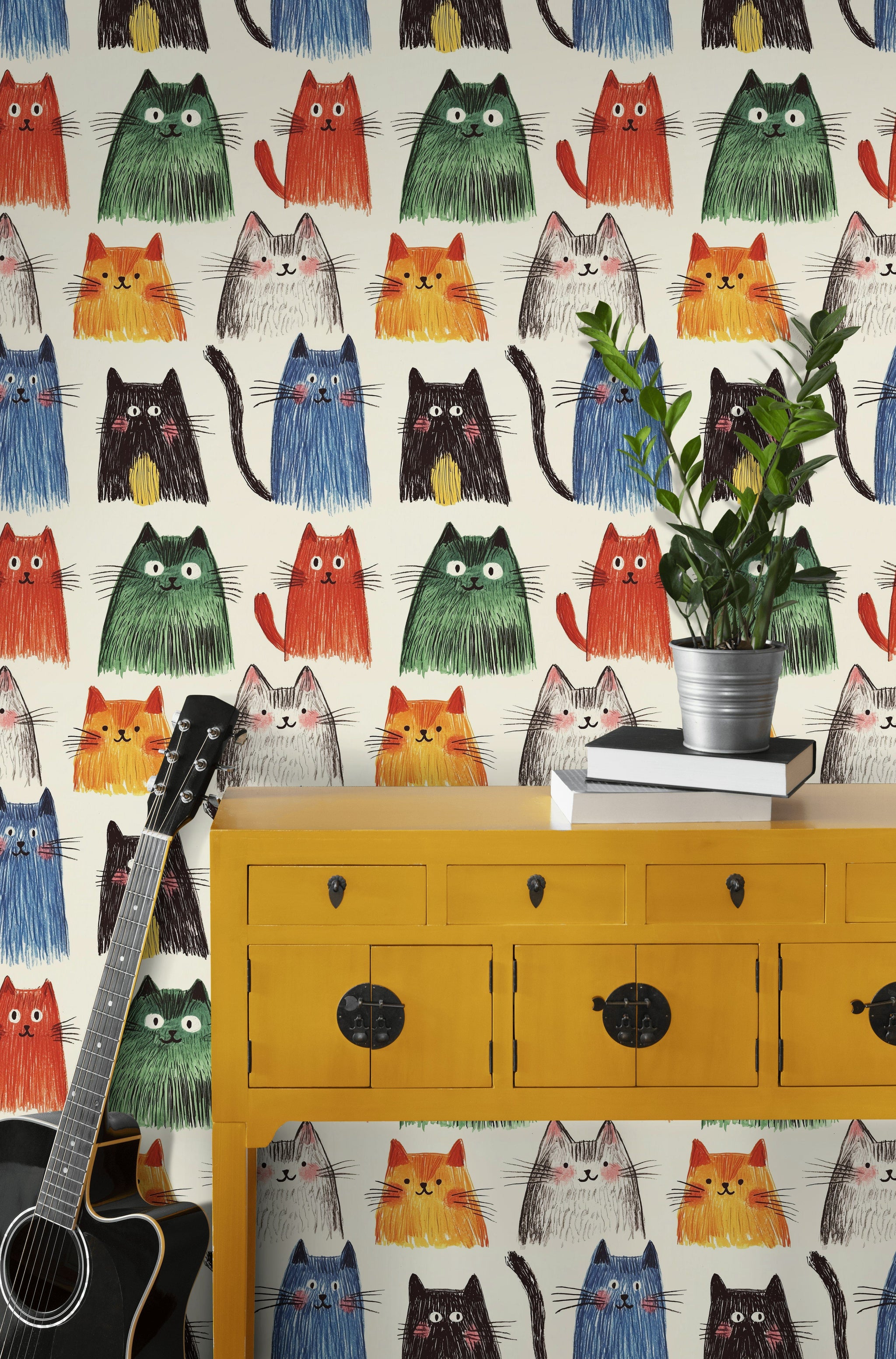 Cream Multicolor Playful Cat Pattern Wallpaper