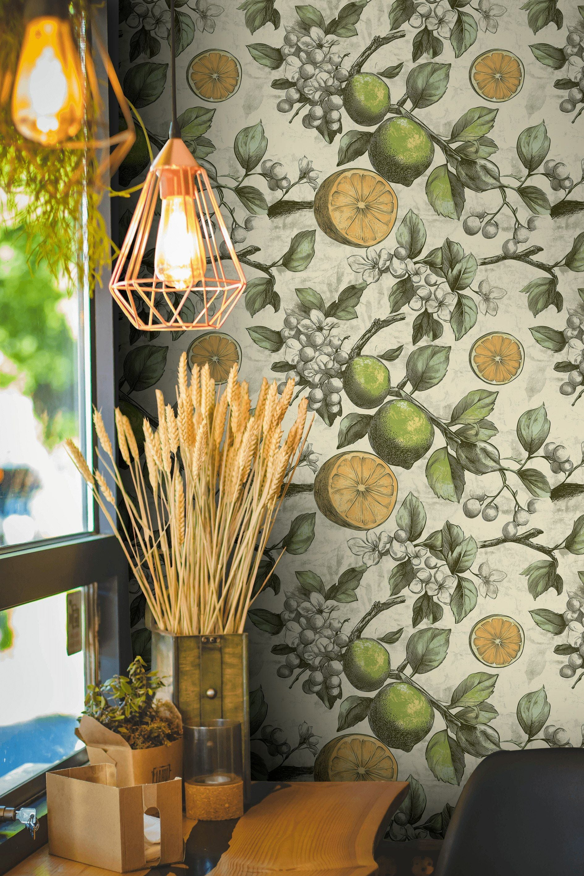 Beige Botanical Citrus Fruit Pattern Wallpaper