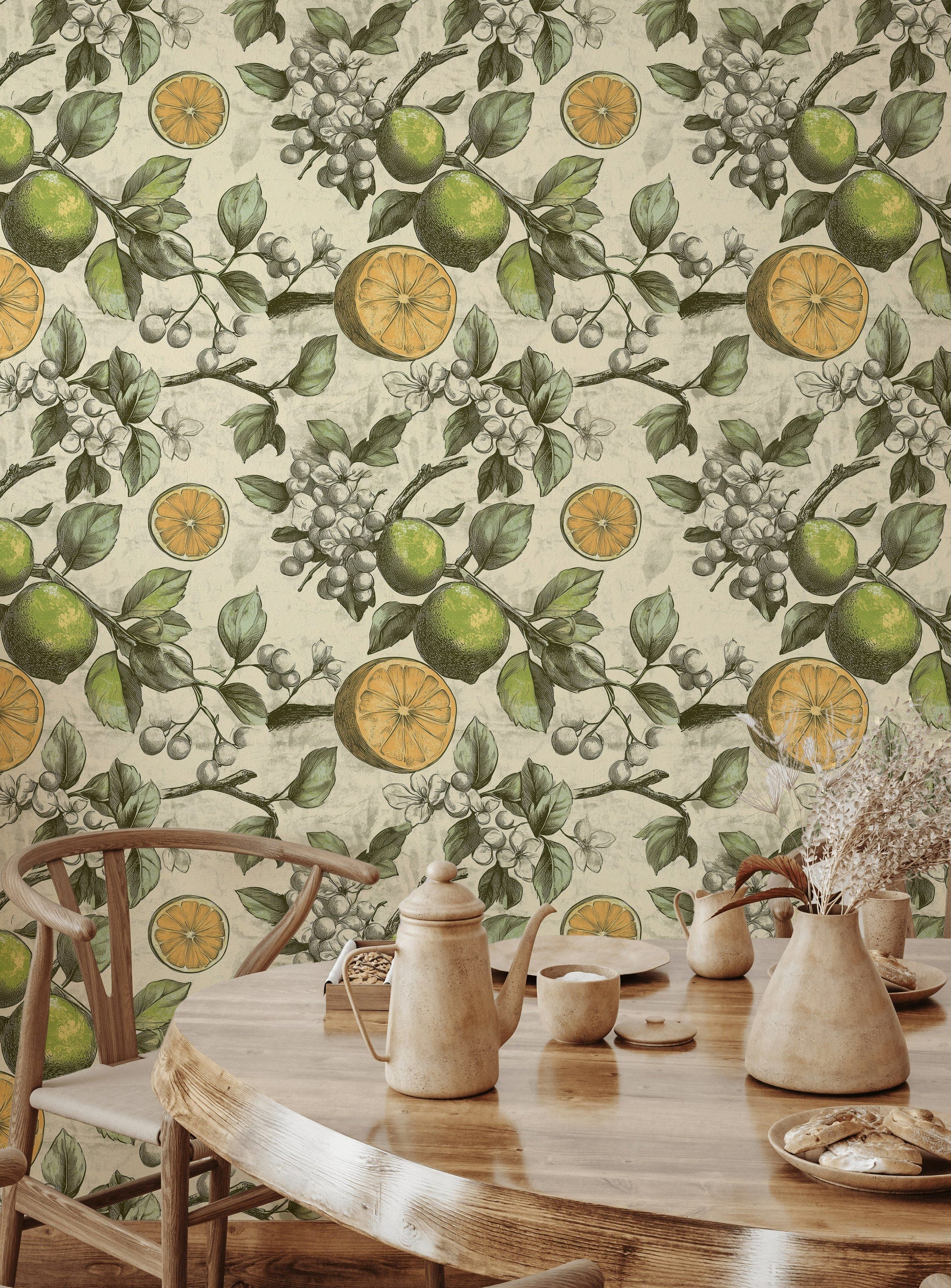 Beige Botanical Citrus Fruit Pattern Wallpaper