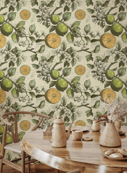 Beige Botanical Citrus Fruit Pattern Wallpaper