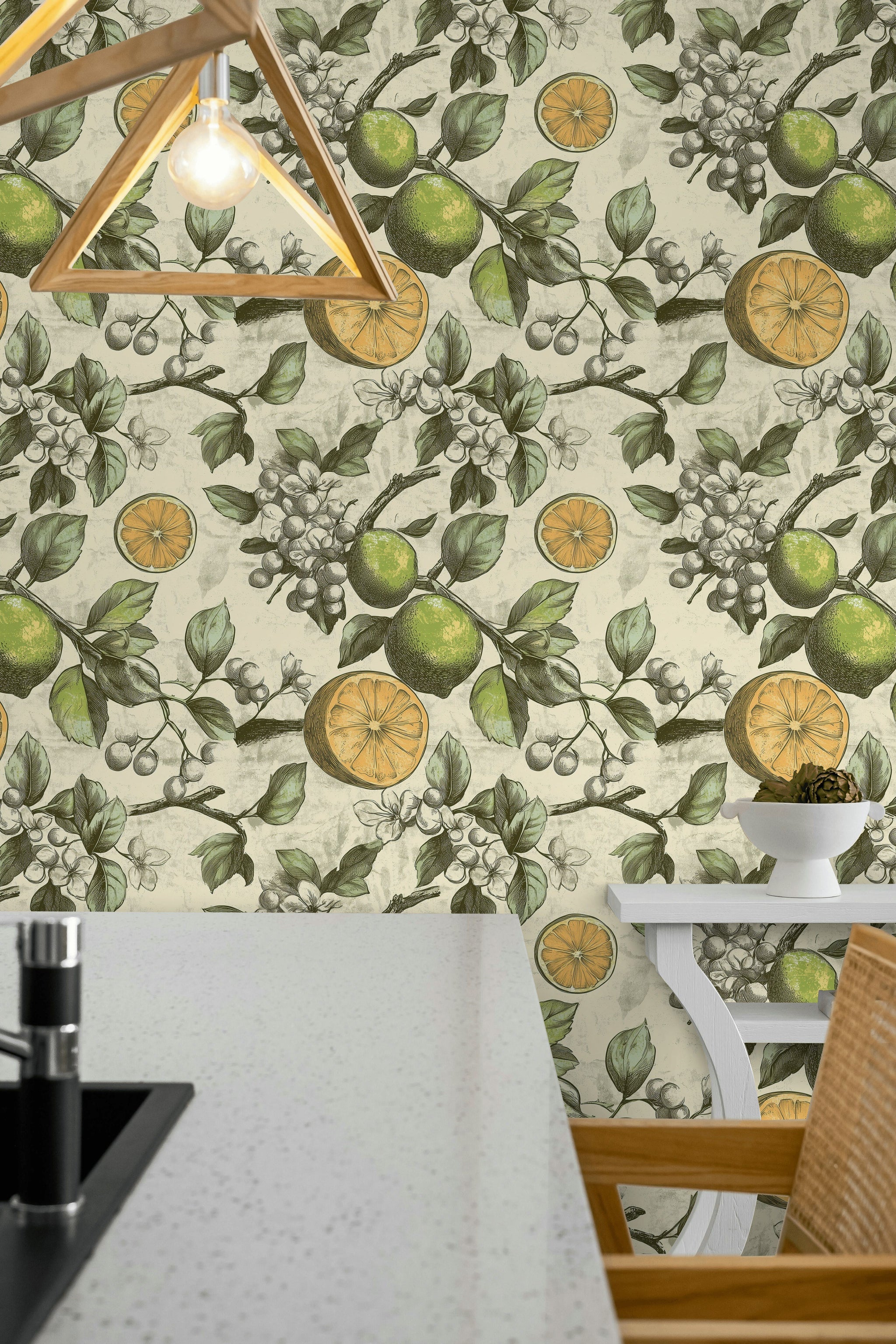 Beige Botanical Citrus Fruit Pattern Wallpaper