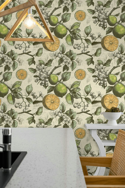 Beige Botanical Citrus Fruit Pattern Wallpaper