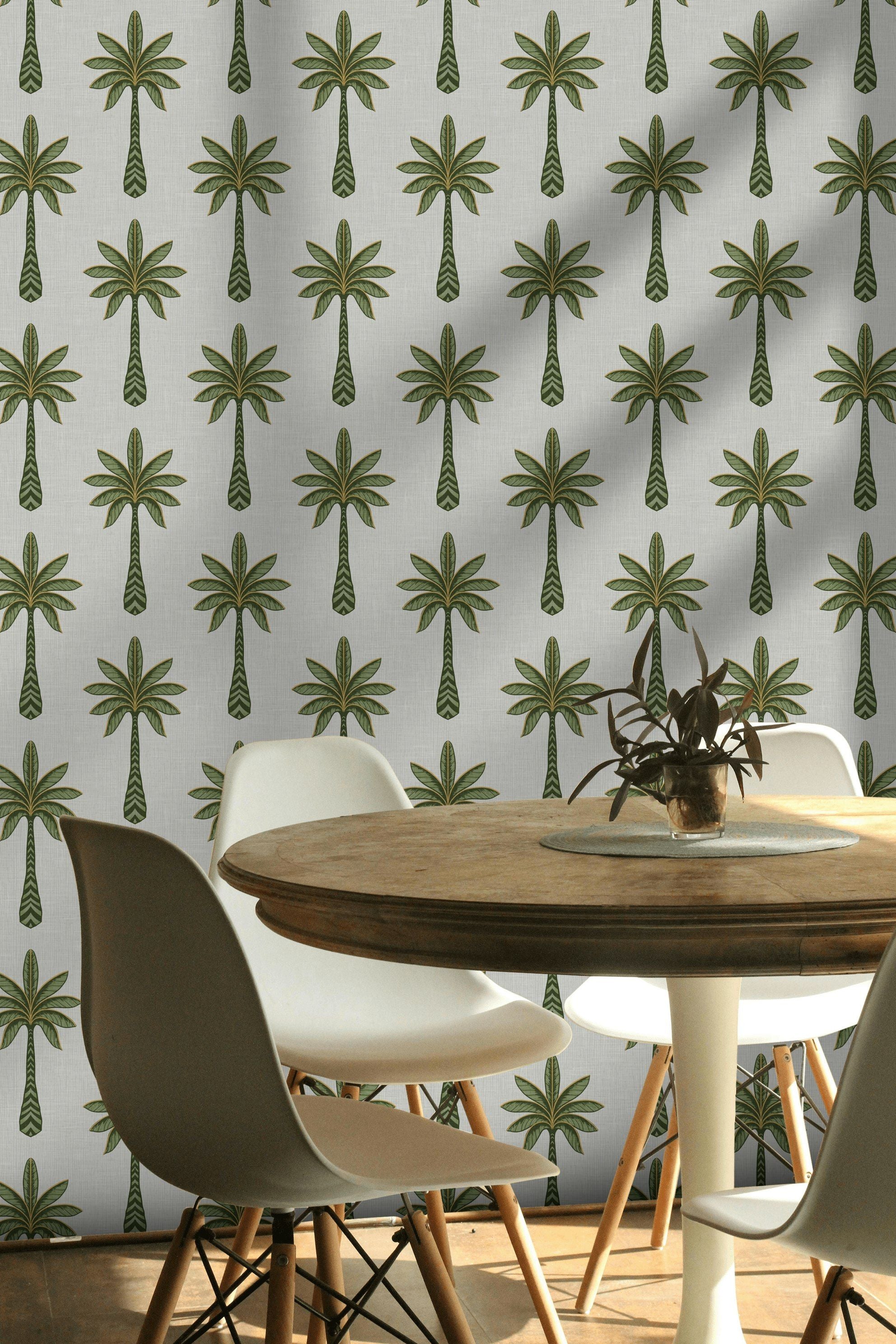 White and Green Palm Tree Pattern Wallpaper