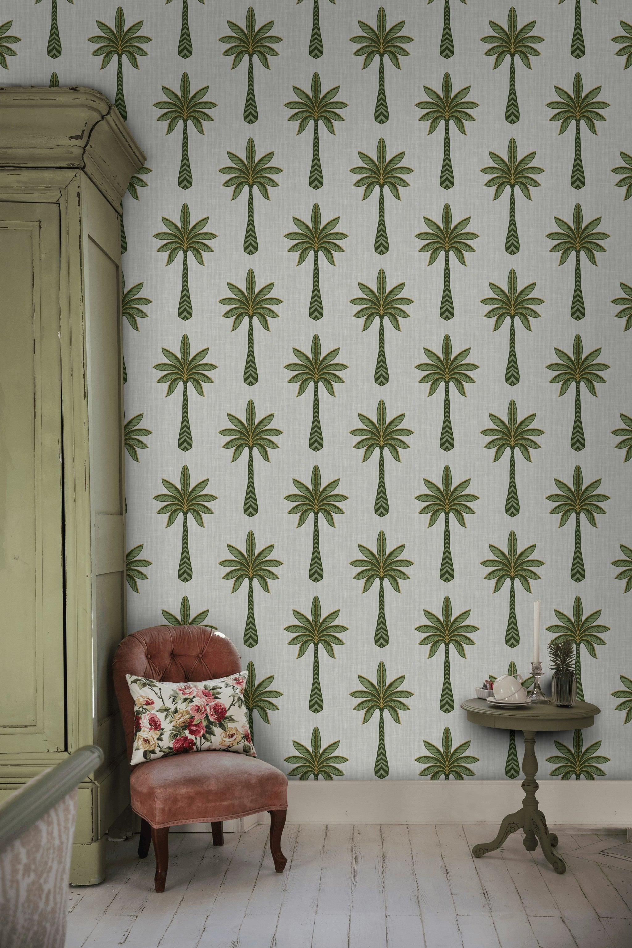 White and Green Palm Tree Pattern Wallpaper