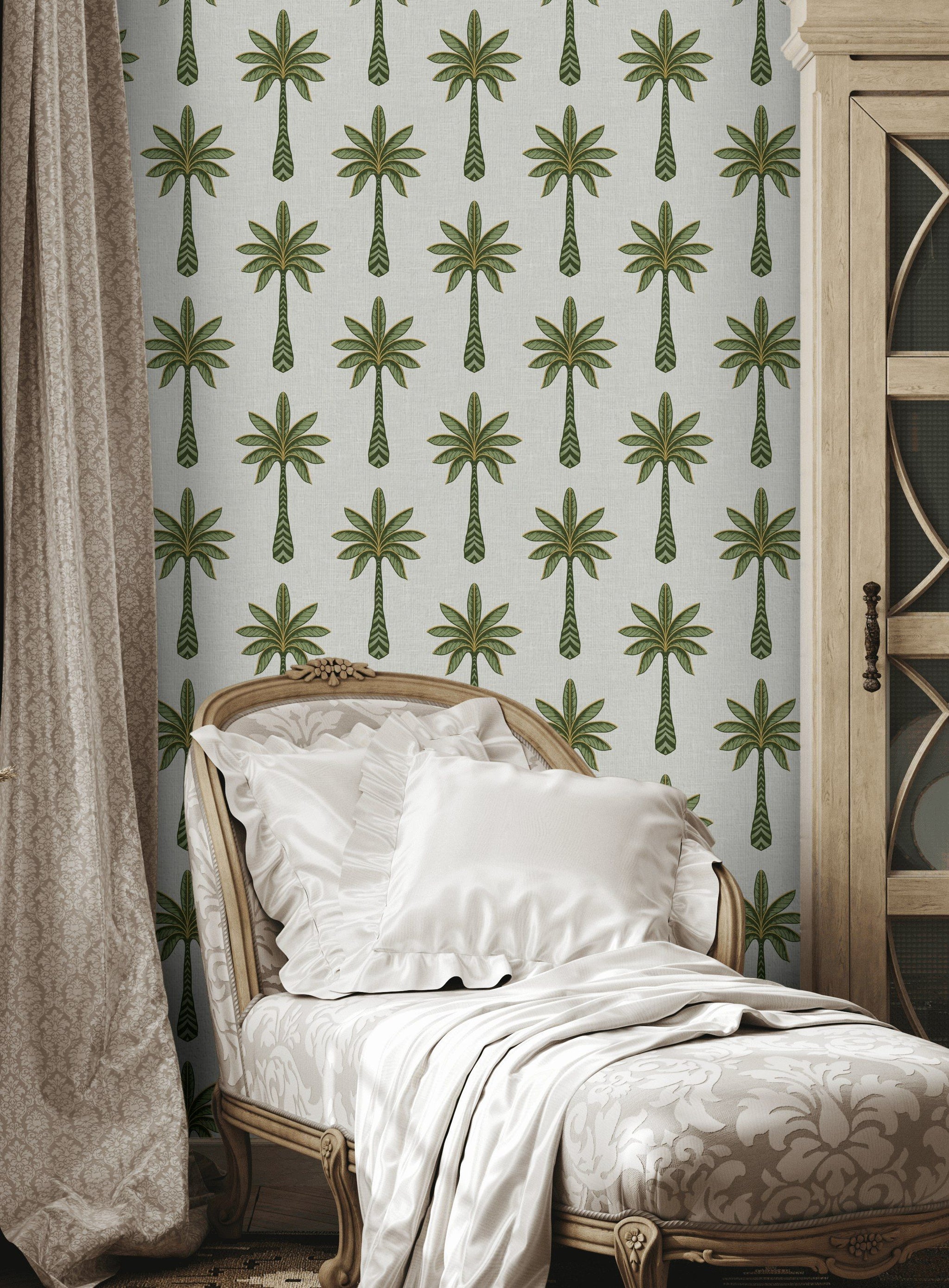 White and Green Palm Tree Pattern Wallpaper